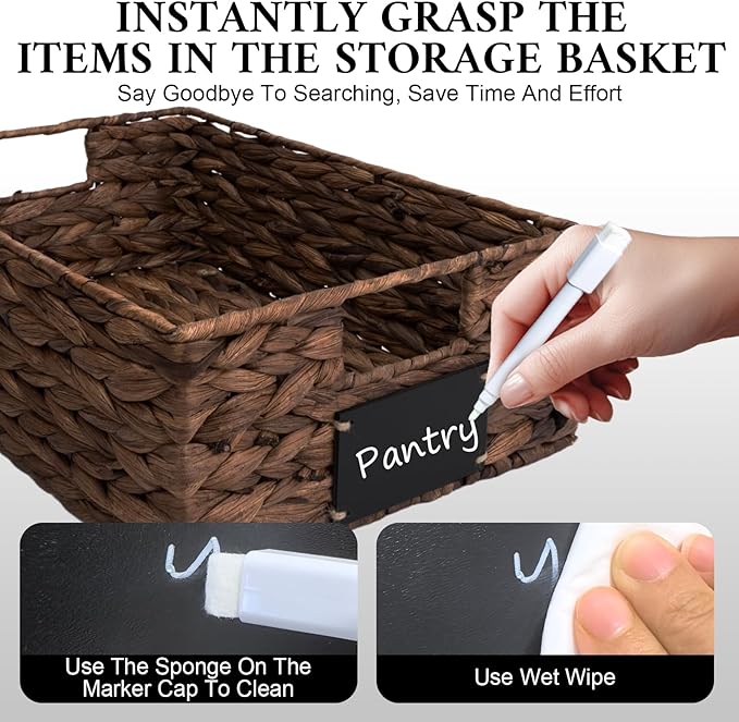 Set of 4 Sizes Hand-Woven Pantry Shelf Baskets, Hyacinth Storage Baskets with Chalkboard Labels & 2 Chalk Markers, Wicker Nestable Basket Set for Organizing Pantry Kitchen Laundry Shelves (Brown)