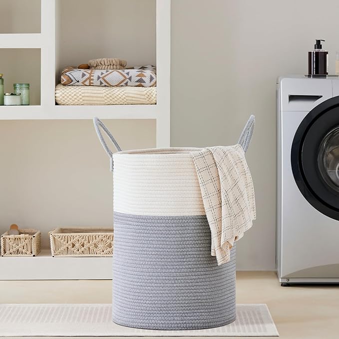 VIPOSCO Large Laundry Hamper, Tall Woven Rope Storage Basket for Blanket, Toys, Dirty Clothes in Living Room, Bathroom, Bedroom - 100L Grey & White