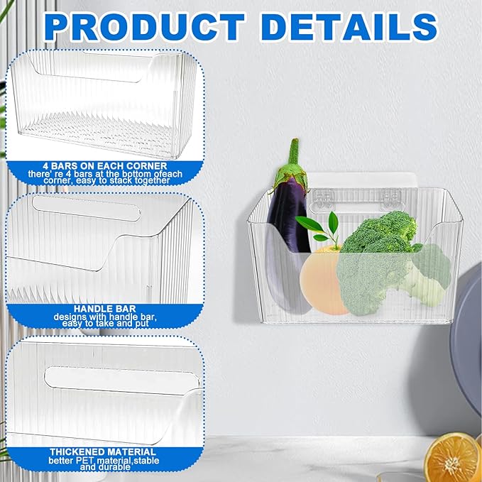 6Pcs Storage Organizer Bins Wall Mounted Organizer Basket Large Size Clear Plastic Makeup Organizer Adhesive Hanging Bin for Bathroom Kitchen Pantry