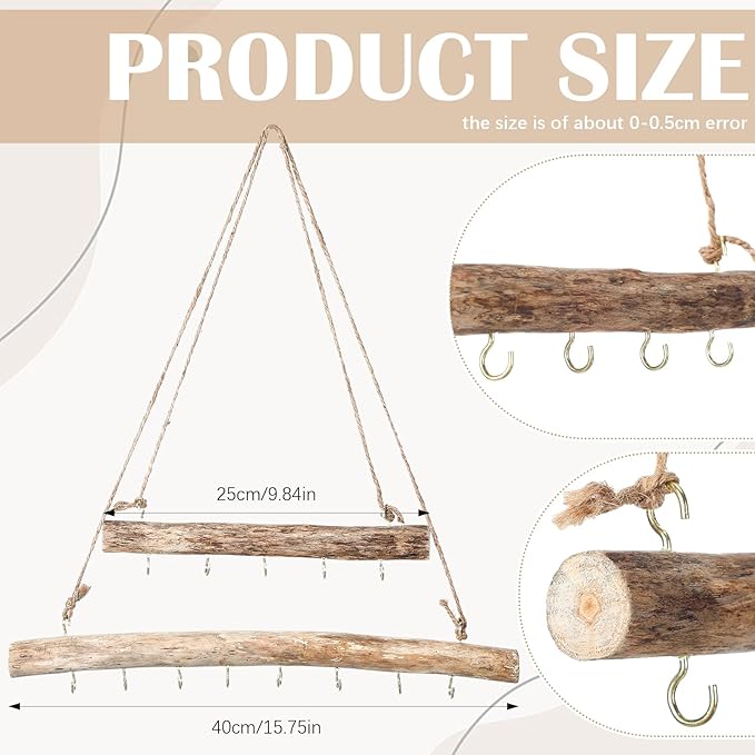 Yinkin 2 Pcs Natural Driftwood Jewelry Hanger Wall Driftwood for Crafts with Hooks 15.75 Inch 9.84 Inch Boho Wall Jewelry Shelf for Home Walls Shop Window Display
