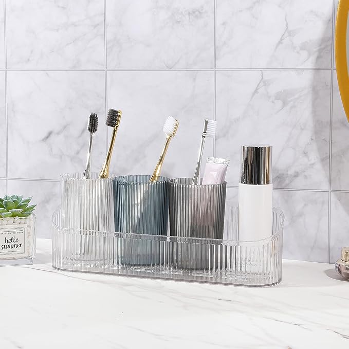 DASITON Makeup Brush Holder Organizer with 4 Cup, Vintage Striped Make Up Brush Holder for Vanity, Bathroom Toothbrush Holders, Acrylic Cosmetic Brushes Storage Organizer Pen Holder (Clear+Multicolor)