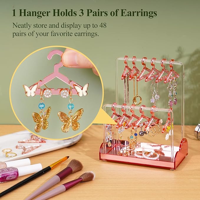 NiHome Acrylic Earring Holder with Unique Double-Tiered Design, Cute Miniature Clothing Hangers with Spacious Storage for 48 Pairs, Display for Home Vanity & Retail Showrooms (Rose Gold, With Tray)