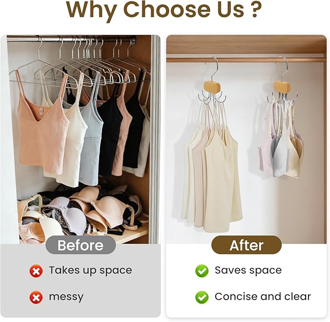 3 Pack Tank Top Hanger, Rotatable Bra Organzier for Closet, Bra Hanger for Closet Organizer, 360° Rotating & Foldable, Metal and Wood, Space-Saving Belt Hangers for Tank Tops, Belt, Tie (Wood)