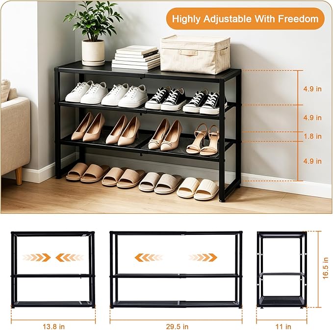 Expandable Shoe Rack,3 Tier Adjustable Metal Shoe Shelf for Closet,Sturdy Free Standing Shoe Storage for Door Entrance,Bedroom,Small Spaces,Black