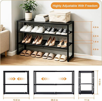 Expandable Shoe Rack,3 Tier Adjustable Metal Shoe Shelf for Closet,Sturdy Free Standing Shoe Storage for Door Entrance,Bedroom,Small Spaces,Black
