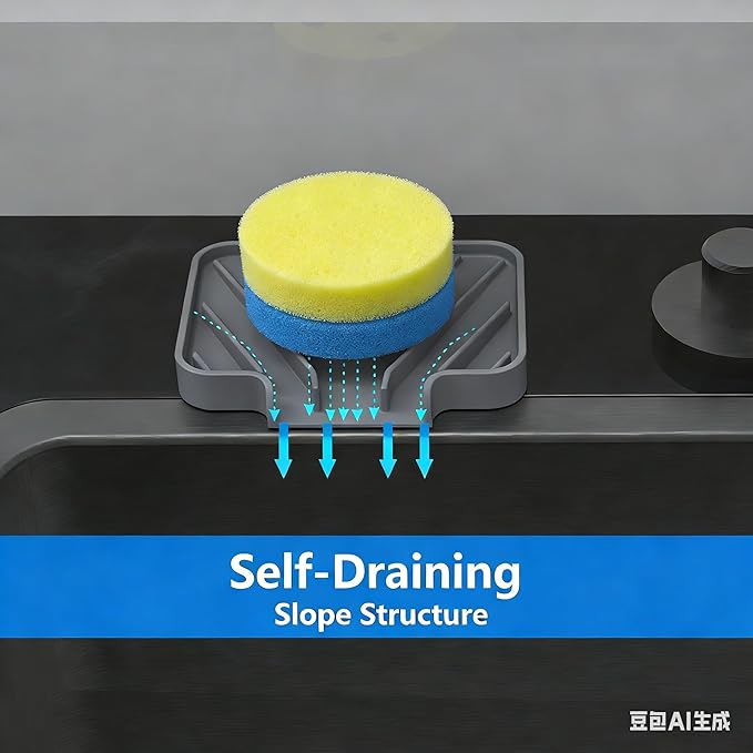 Sponge Holder for Kitchen Sink, Dish Sponge Holder & Soap Tray with Drain, Bathroom Sink Sponge Drying Rack & Perfect Organizer for Dispenser,Bottle,Cup on Sinks or Counter(5"x 3.5"Gray)