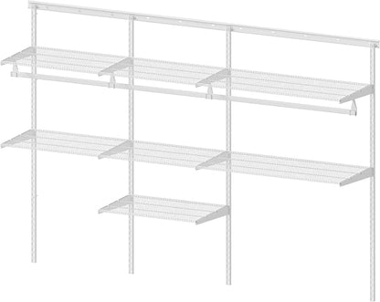 Closet System Wall Mounted 2-7.5 Ft, Heavy Duty Adjustable Wire Shelving with Hanging Rod, Custom Organizer Kit for Bedroom Laundry Mudroom, White