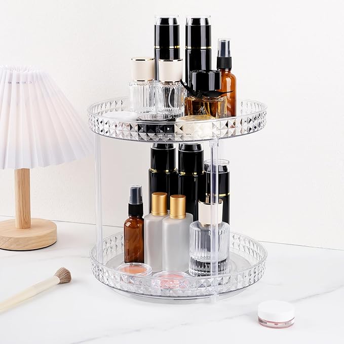 360 Clear Rotating Makeup Organize for Vanity,2 Tiers Lazy Susan with Diamond Pattern, Large-Capacity Skincare Organizers Cosmetic Display Case Organizer for Dresser (Clear White, 2Tiers)