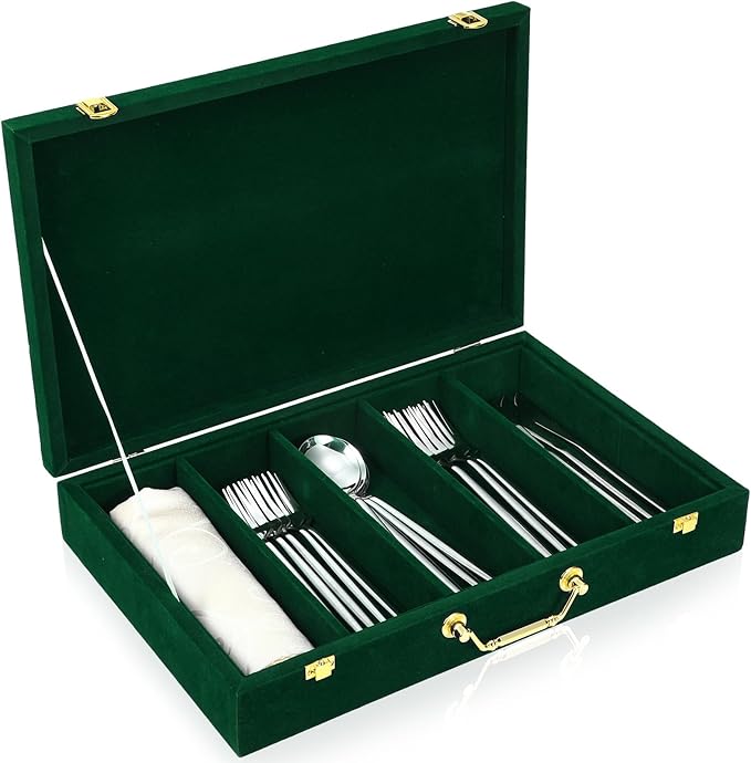 Pickmesh Silverware Case with Lid and Handle, Silverware Storage Box Sterling Silver Flatware Chest Without Silver Tarnish Proof Utensils Organizer for Kitchen Decor Wedding Gifts(Emerald,1 Layer)