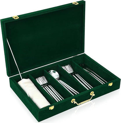 Pickmesh Silverware Case with Lid and Handle, Silverware Storage Box Sterling Silver Flatware Chest Without Silver Tarnish Proof Utensils Organizer for Kitchen Decor Wedding Gifts(Emerald,1 Layer)