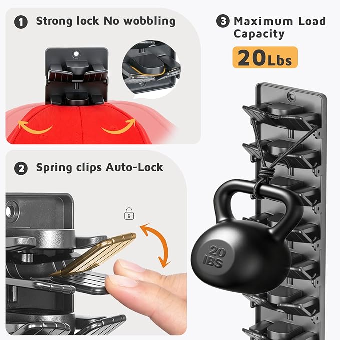 Accevo Spring Clip Hat Organizer Hold Storage 20 Caps for Baseball Caps (2-Pack), Hat Holder with Strong Adhesive and 8 Pack Screws, Hat Storage Display Holder for Closet Door and Wall