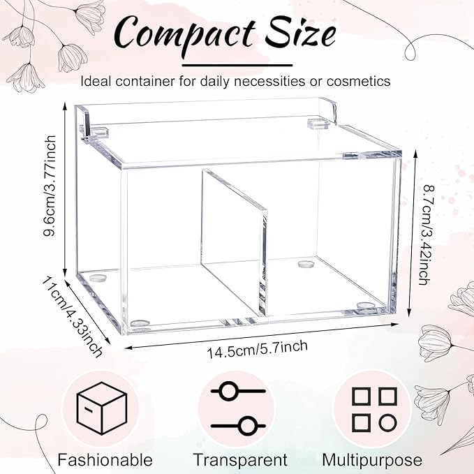 Qtip Holder Acrylic Container for Cotton Swab, Cotton Pads, Floss Picks - Restroom Containers Bathroom Essentials Accessories Decor Vanity Storage Organizer, 5.7'' x 3.7'' x 3.42''