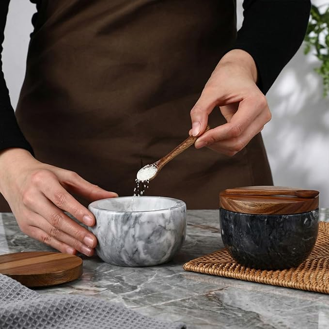 Marble Salt Cellar Set of 4 with Lid and Spoon, Natural Marble Spice Container Bowls with Acacia Wood Lids for Pepper Sugar Seasoning Storage, Kitchen Counter Pinch Bowl Set