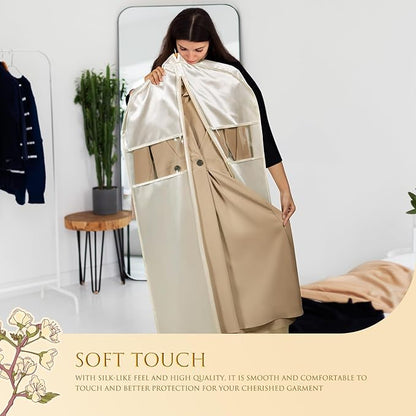 Univivi Super Soft Satin Garment Bags for Hanging Clothes, 43 Inch Zippered Suit Cover with Gussets, Breathable & Non-smell for Suits, Coats, Jackets, Shirts, 2 Pack - Apricot
