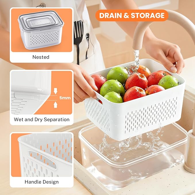 8 Pieces Fruit Storage Containers for Fridge with Lids and Strainer, 4Pack Fruit Containers for Fridge, Fresh Produce Saver Keeper for Vegetable Fruit Salad, BPA Free Fruit Organizer for Refrigerator