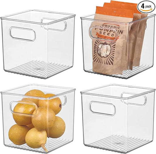 iDesign Storage Bin with Handles - Cube Organizer Bin for Pantry, Set of 4, Clear, Made in USA
