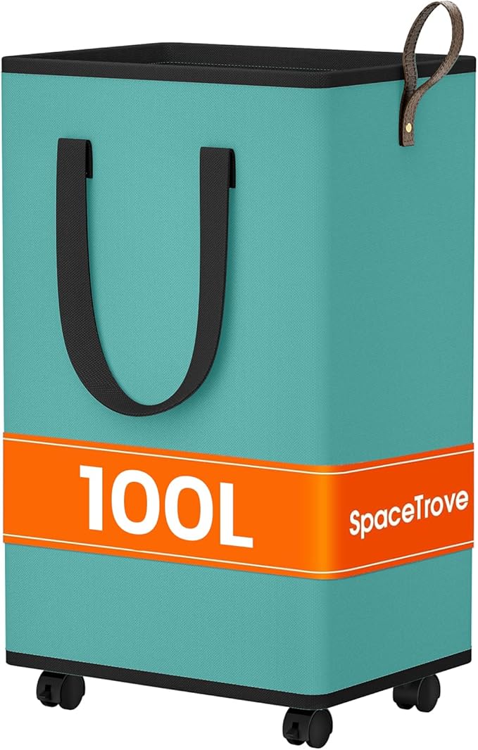 SpaceTrove Laundry Basket with Wheels, Collapsible Laundry Baskets, Laundry Hamper with Handles Detachable Wheels, Rolling Laundry Basket, Dirty Clothes Hamper for Bathroom, Dorm, Bedroom, Green, 100L