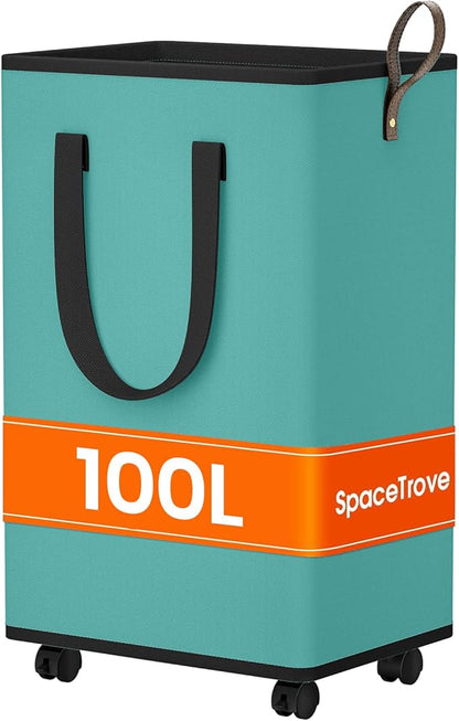 SpaceTrove Laundry Basket with Wheels, Collapsible Laundry Baskets, Laundry Hamper with Handles Detachable Wheels, Rolling Laundry Basket, Dirty Clothes Hamper for Bathroom, Dorm, Bedroom, Green, 100L