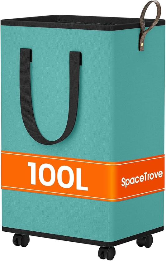 SpaceTrove Laundry Basket with Wheels, Collapsible Laundry Baskets, Laundry Hamper with Handles Detachable Wheels, Rolling Laundry Basket, Dirty Clothes Hamper for Bathroom, Dorm, Bedroom, Green, 100L