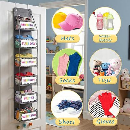 2 Pcs 6-Shelf Weekly Clothes Organizer for Kids Daily Hanging Closet Organizer with 2 Sets Week Day Stickers Foldable Days of The Week Behind Door Hanging Storage Shelves