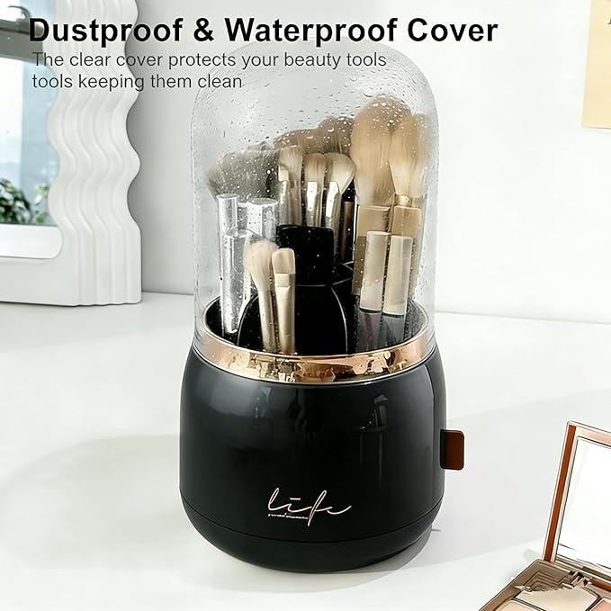 360 Rotating Makeup Brush Holder with Lid,Clear Dustproof Make Up Organizers for Vanity Countertop,Includes a Foldable Bowl for Cleaning Makeup Brush,Transparent, Dustproof -Black