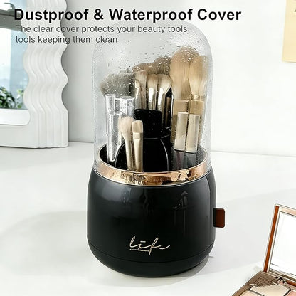 360 Rotating Makeup Brush Holder with Lid,Clear Dustproof Make Up Organizers for Vanity Countertop,Includes a Foldable Bowl for Cleaning Makeup Brush,Transparent, Dustproof -Black