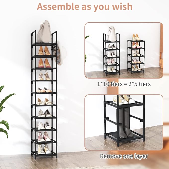 LANTEFUL Tall Narrow Shoe Rack for Entryway, 10-Tier Sturdy Metal Shoe Shelf Storage 10-15 Pairs of Shoes and Boots, Space Saving Corner Shoe Rack Organizer for Closet,Doorway,Garage,Living Room