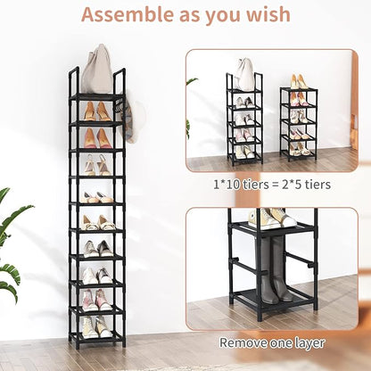 LANTEFUL Tall Narrow Shoe Rack for Entryway, 10-Tier Sturdy Metal Shoe Shelf Storage 10-15 Pairs of Shoes and Boots, Space Saving Corner Shoe Rack Organizer for Closet,Doorway,Garage,Living Room
