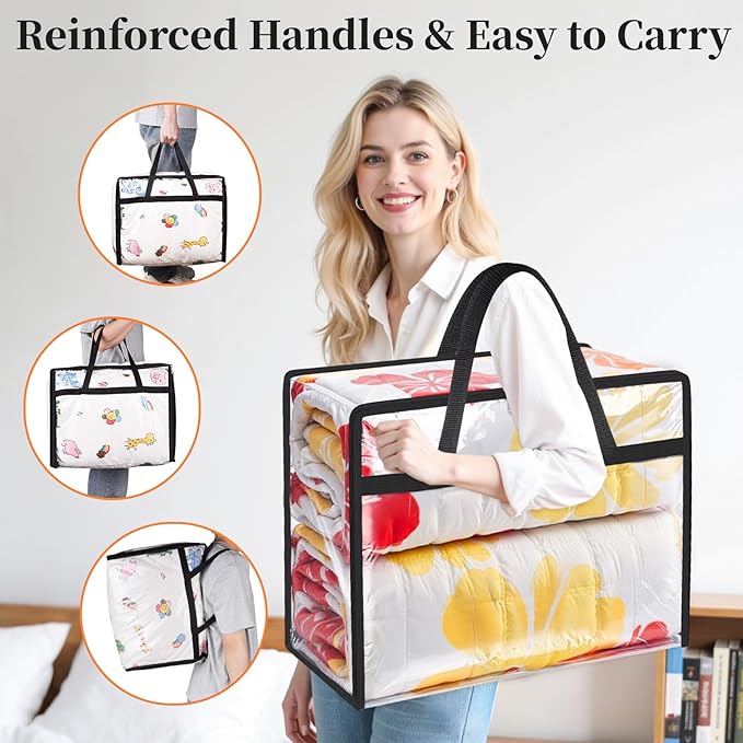 SpaceTrove Clear Clothes Storage Bags, 8 Pack Closet Organizers and Under Bed Storage Containers, Foldable Moving Bags with Zippers for Comforter, Blanket, Bedding, Duvet, PVC Packing Bags 90L