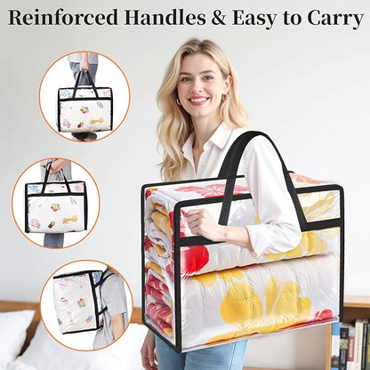 SpaceTrove Clear Clothes Storage Bags, 8 Pack Closet Organizers and Under Bed Storage Containers, Foldable Moving Bags with Zippers for Comforter, Blanket, Bedding, Duvet, PVC Packing Bags 90L