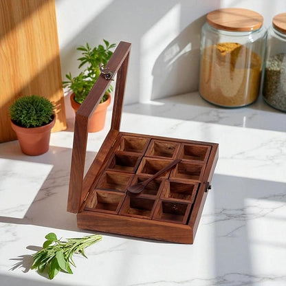 Wooden Spice Box, Masala Container, Condiments Storage Case for Kitchen, Multipurpose Decorative Box - Indian Rosewood Crafted