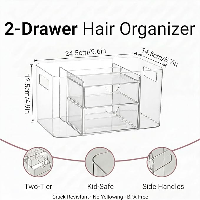 Hair Accessories Organizer for Girls & Women, 2-Drawer Clear Plastic Hair Brush Holder with 3 Compartments, Vanity Countertop Makeup Organizer for Hair Ties, Clips & Bobby Pins