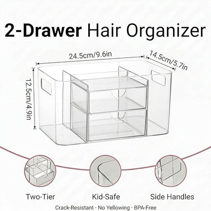Hair Accessories Organizer for Girls & Women, 2-Drawer Clear Plastic Hair Brush Holder with 3 Compartments, Vanity Countertop Makeup Organizer for Hair Ties, Clips & Bobby Pins