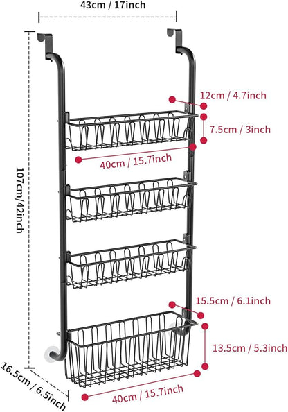 Over The Door Organizer - 4/6/8 Tier Removable Metal Storage Baskets for Pantry Bathroom Back of Door Adjustable Door Hanger Rack Black