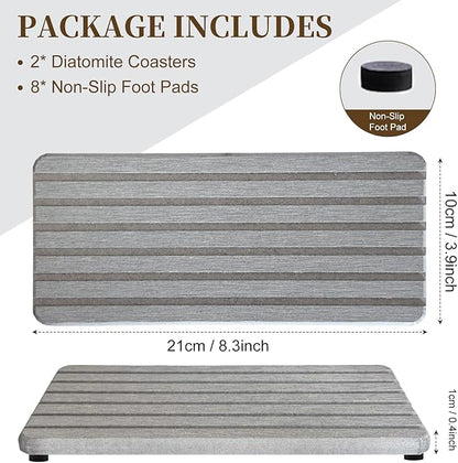 2PCS Fast-Dry Diatomite Sink Tray Set, Ultra Absorbent Soap Holder & Coaster with Non-Slip Feet & Grooved Design, Bathroom Kitchen Countertop Organizer, 8.3x4 Inches (Grey)