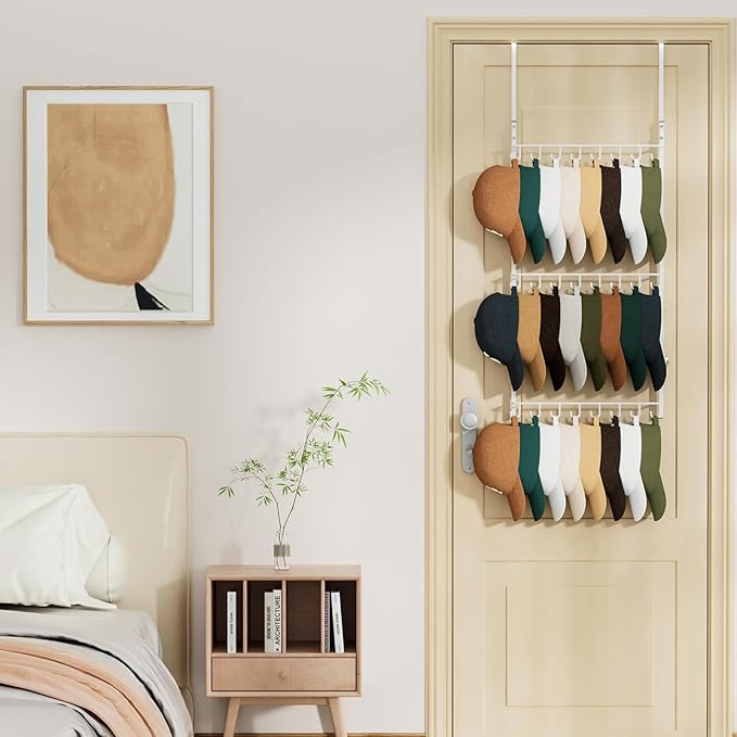 HapiRm Over Door Hat Rack - 3 Tier Wall Mounted Hat Organizer with 24 Hooks, Baseball Cap Organizer Storage Holds up to 24 Caps for Door, Bedroom, Closet