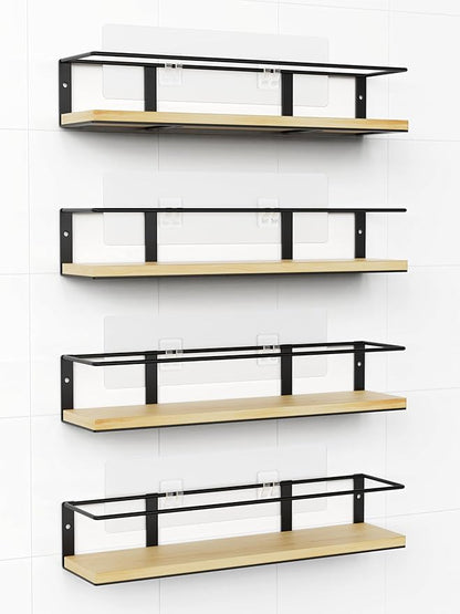 Spice Rack, Self-Adhesive or drilling, Rustic Style Hanging Spice Rack, Spice Organization for Cabinet Door or Wall Mount, Over The Stove, Kitchen Wall, 4-Pack, Wood Color