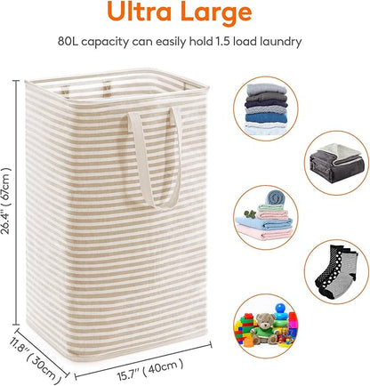 Lifewit 1 Pack Laundry Basket 80L Each, Collapsible Clothes Hamper with Reinforced Handles, Freestanding Waterproof Design for Bedroom and Laundry Room, Beige 80L Total