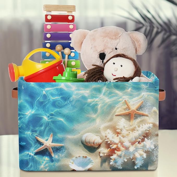 AUUXVA Storage Basket Tropical Sea Beach Starfish Seashell Storage Cube Box Durable Canvas Collapsible Toy Basket Organizer Bin with Handles for Shelf Closet Bedroom Home Office