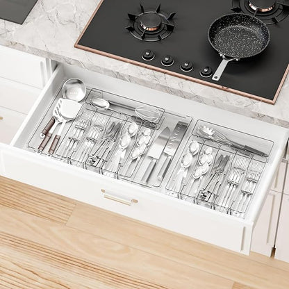 Yieach Clear Expandable Silverware Drawer Organizer - Adjust From 11'' to 22'' - Knife,Cutlery,Spoons and Forks Organizer,Large 8 Grid Flatware,Silverware Tray,Utensil Organizer for Kitchen Drawers