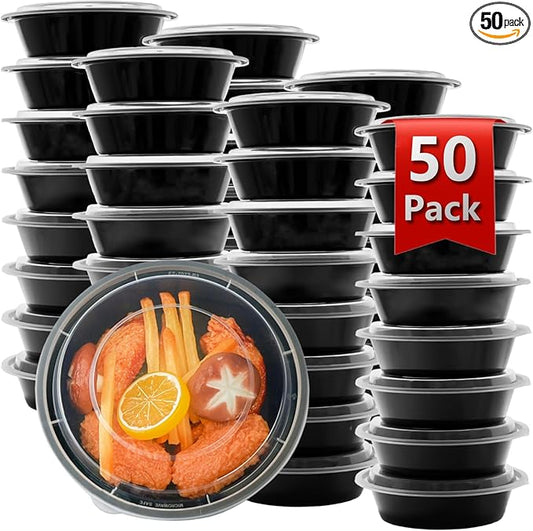 Meal Prep Containers Reusable 50 Pack-24 oz Food Storage Containers with Lids To Go Food Containers Takeout, Microwave Dishwasher Freezer Safe, Stackable, BPA Free, Plastic (Black)