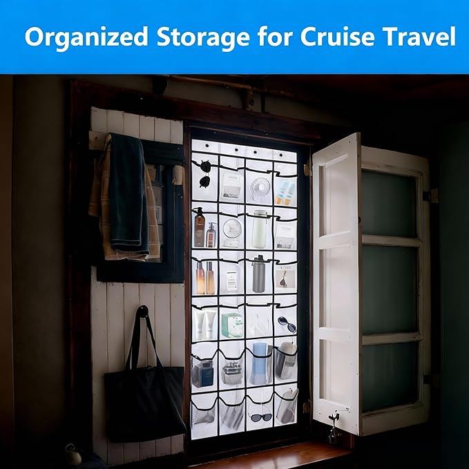 Cruise Approved Magnetic Door Organizer, 24 Mesh Pockets Over the Door Storage with Hooks, Magnetic Shoe Rack Holder for Cruise Ship Cabin, White 55x21 Inch