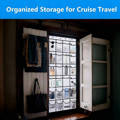 Cruise Approved Magnetic Door Organizer, 24 Mesh Pockets Over the Door Storage with Hooks, Magnetic Shoe Rack Holder for Cruise Ship Cabin, White 55x21 Inch