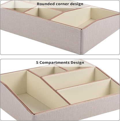 PU Leather Makeup Organizer Tray,Large Vanity Organizer,Cosmetic Storage Box for Lipstick Brushes Skincare Perfume,Cosmetic Display Case Rose Gold-trimmed for Dresser,Bathroom Countertop(Beige)