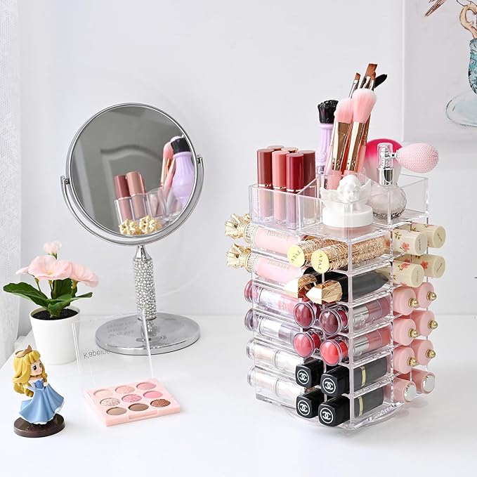Ikee Design Lipstick Organizer with 53 Slots 360 Degree Rotating Spinning Acrylic Lip Gloss Organizer for Makeup, Lipsticks, Brushes, Cosmetic Storage Display, Bathroom, Vanity, Countertop