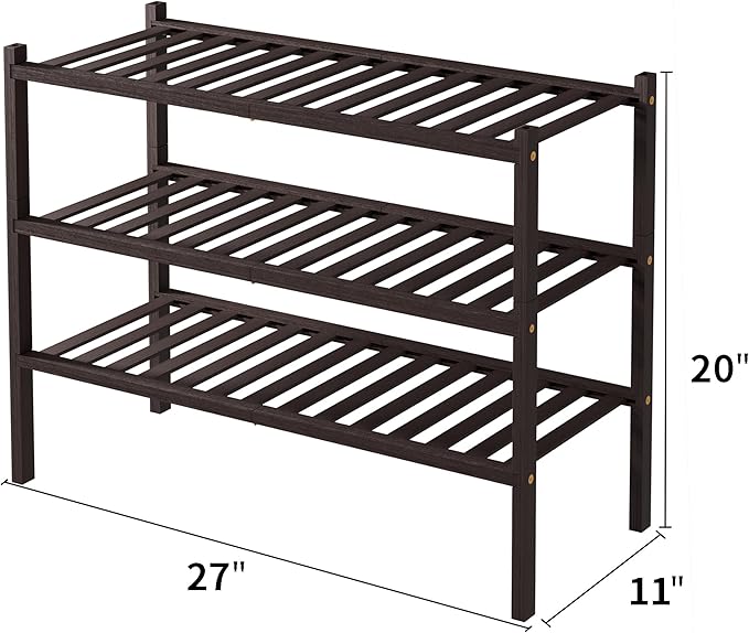 ROMGUAR CRAFT 3 Tier Bamboo Shoe Rack for Closet Free Standing Wood Shoe Shelf for Entryway Small Space Stackable 27"x11"x20" (Brown)