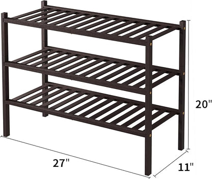 ROMGUAR CRAFT 3 Tier Bamboo Shoe Rack for Closet Free Standing Wood Shoe Shelf for Entryway Small Space Stackable 27"x11"x20" (Brown)