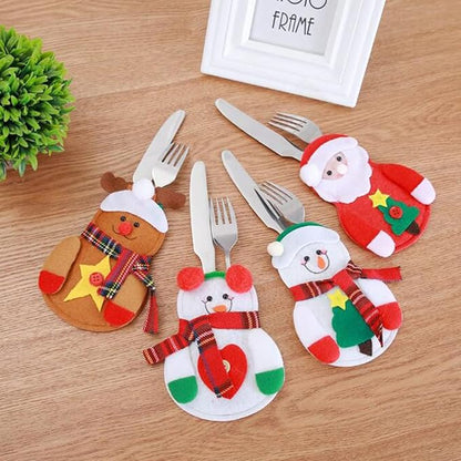 12Pcs Christmas Cutlery Bag Cute Snowman Silverware Tableware Holder Knife Fork Bag Pouch Decor for Christmas Party Dinner Table Decor