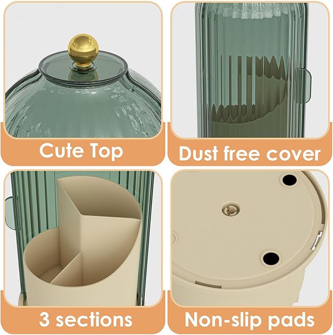 YOOLENS Makeup Brush Holder with Lid 360 Rotating Clear Dustproof Make Up Organizers for Vanity Bathroom Countertop, Green Beige