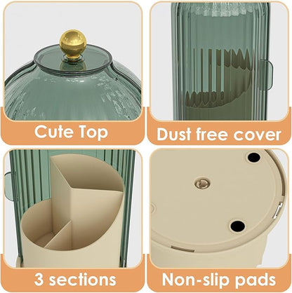 YOOLENS Makeup Brush Holder with Lid 360 Rotating Clear Dustproof Make Up Organizers for Vanity Bathroom Countertop, Green Beige